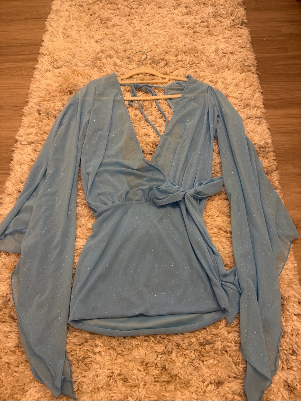 Fashion Nova Light Blue Sparkle Wrap Top